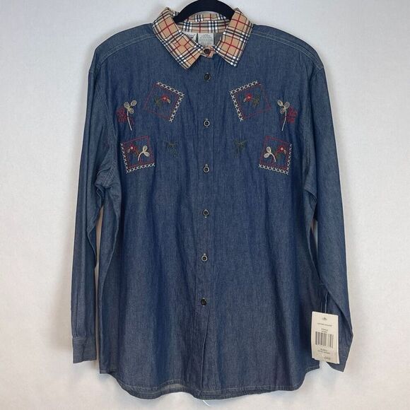 Vintage Embroidered Shirt Denim Blue Plaid Collar Button Front Long Sleeve XL - Picture 2 of 16